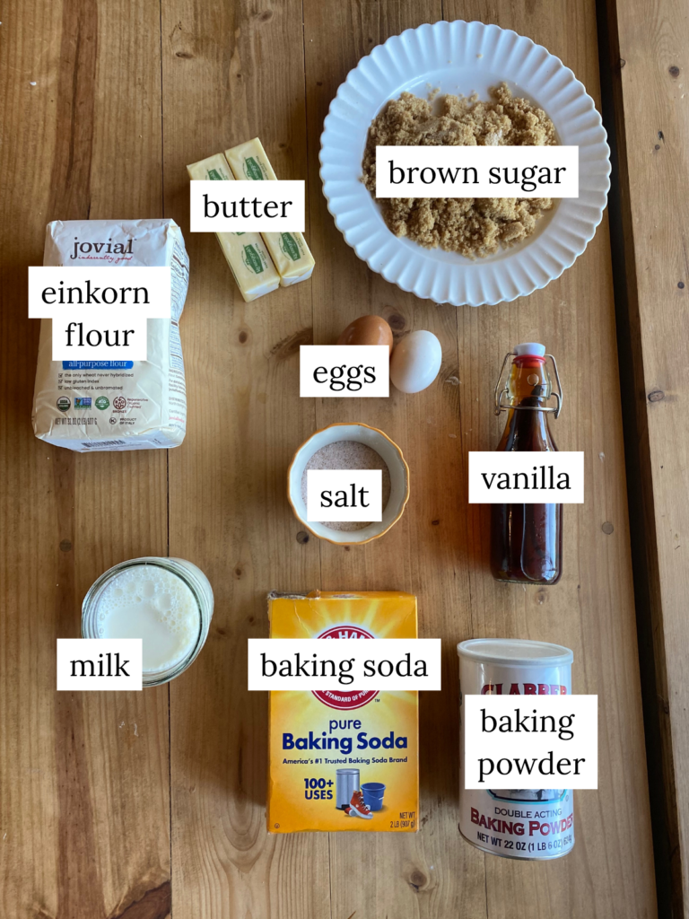 labeled ingredient picture of ingredients needed to make fluffy einkorn pancakes