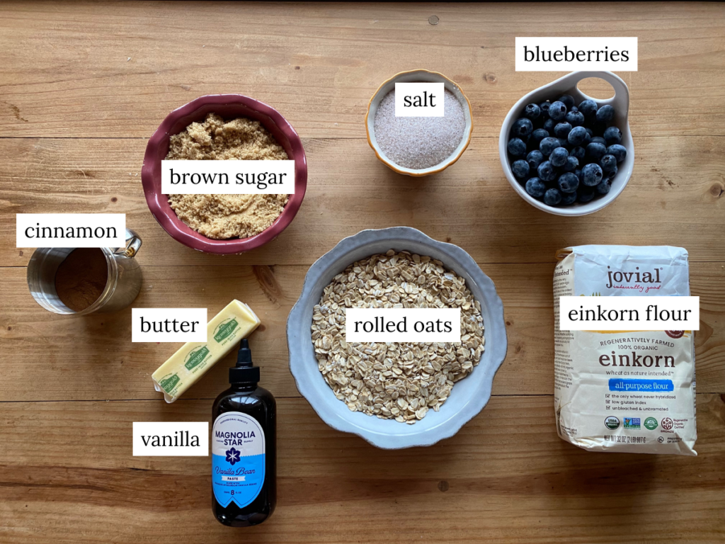 a labeled ingredient photo of ingredients needed to make einkorn blueberry crisp