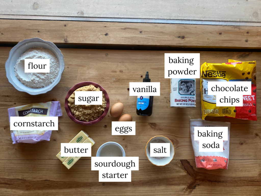a labeled ingredient photo of ingredients needed to make sourdough discard chocolate chip cookies