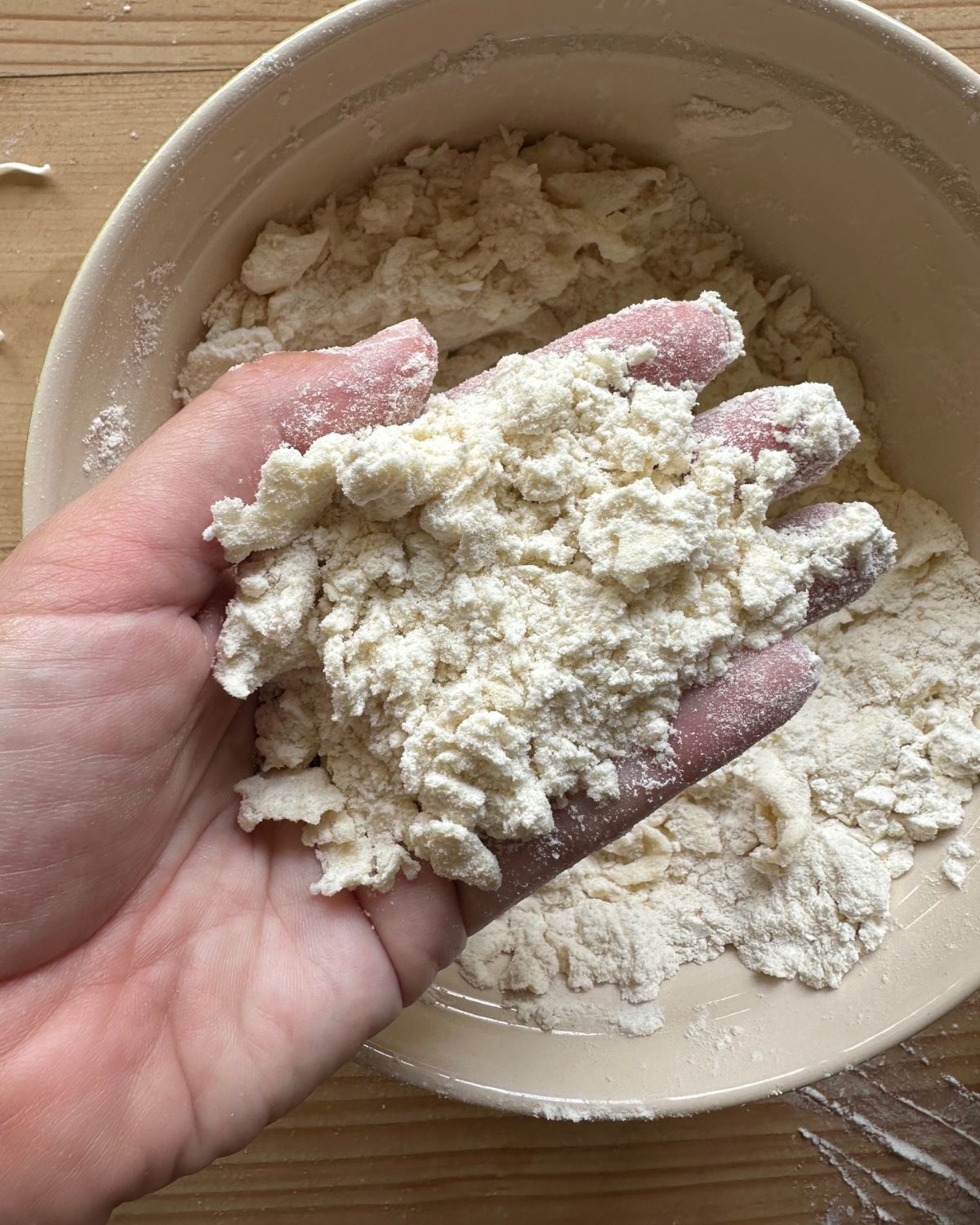 a hand holds a small amount of crumbly pie dough