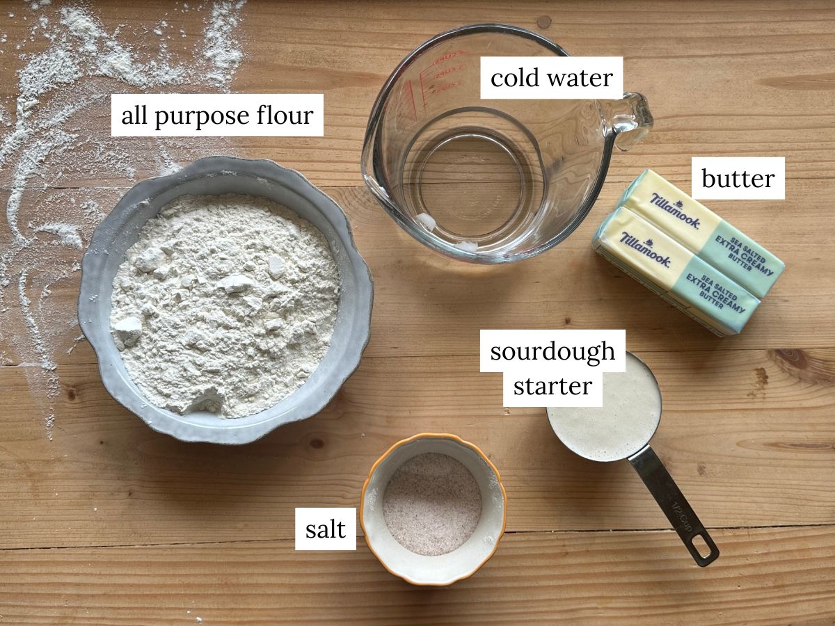 a labeled ingredient photo of ingredients needed to make sourdough discard pie crust