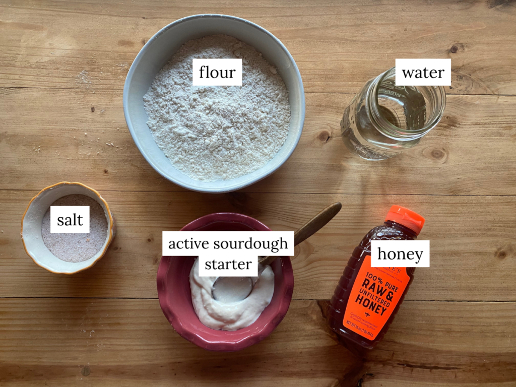 a labeled ingredient list of ingredients needed to make sourdough bread