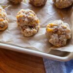 easy einkorn sausage balls on a baking pan