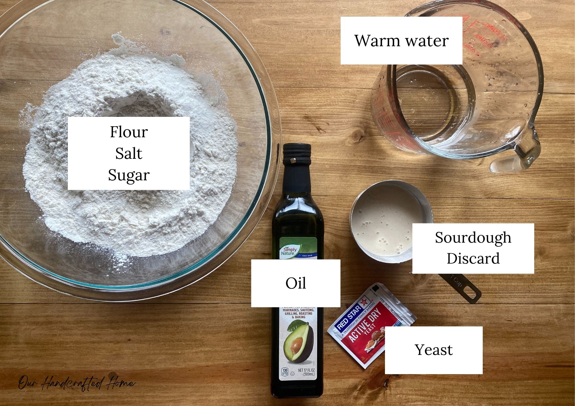 a labeled ingredient photo of ingredients for sourdough discard pizza dough
