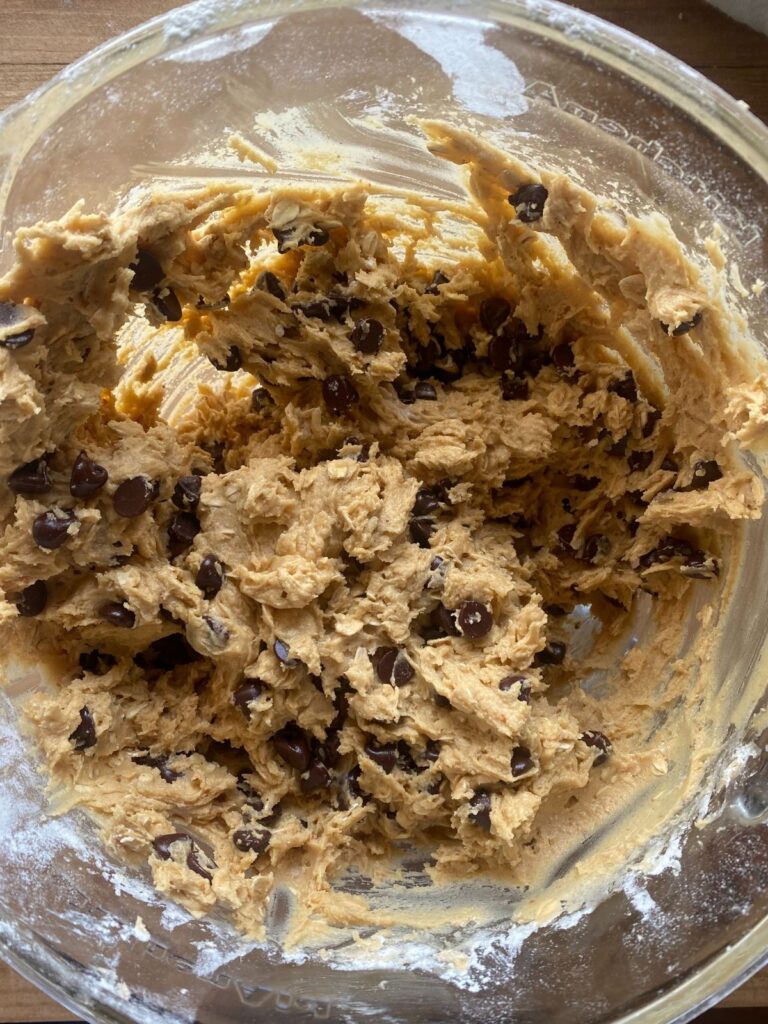 peanut butter oatmeal sourdough cookie dough in a glass mixing bowl