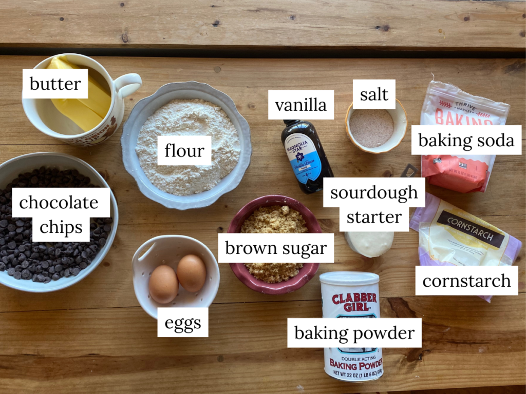 a labeled ingredient photo of ingredients needed to make a sourdough chocolate chip skillet cookie