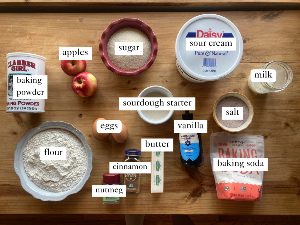 labeled ingredient photo of ingredients needed to make sourdough apple crumb muffins 