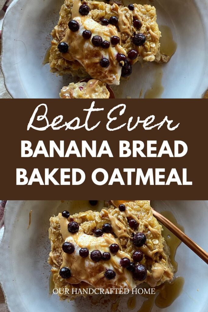 a slice of banana bread baked oatmeal in a gray dish, topped with a drizzle of maple syrup, yogurt, and fresh blueberries. A striped towel lays in the background. Text overlay reads "Best Ever Banana Bread Baked Oatmeal"