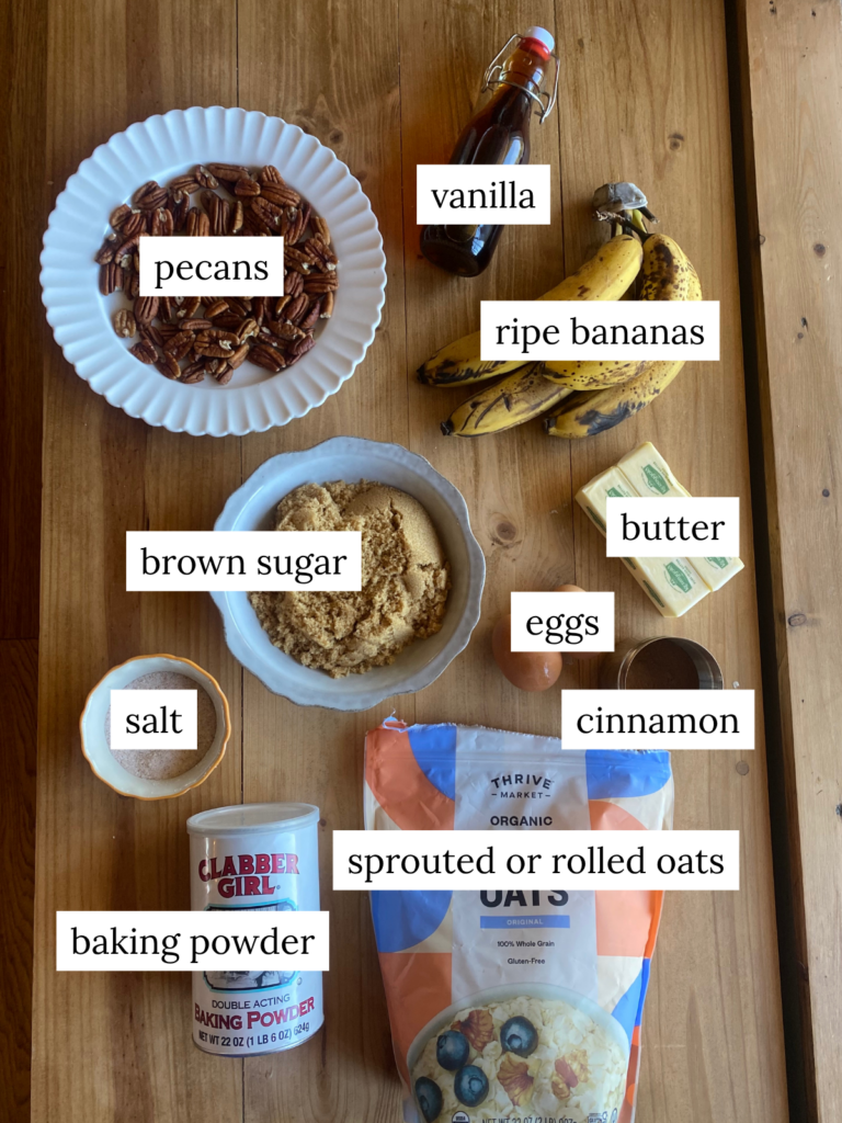 a labeled ingredient picture of ingredients needed for banana bread baked oatmeal