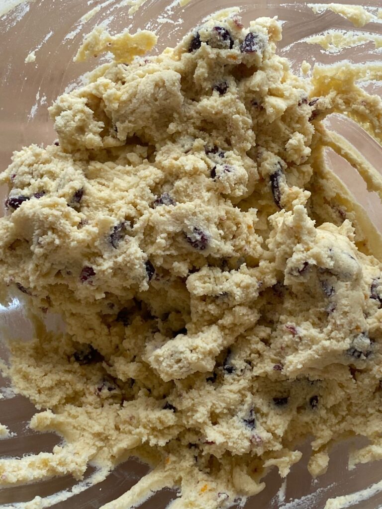 a bowl of cranberry orange cookie dough 