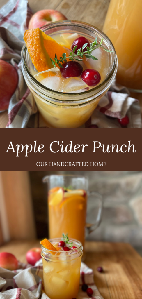 a large pitcher of apple cider punch is in the background, while a smaller glass full of punch is front and center. The glass is garnished with seasonal fruit like apples, cranberries, and orange slices