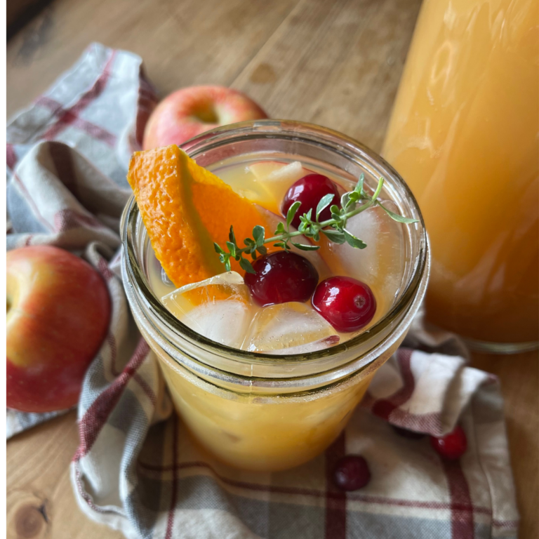 Glass of apple cider punch with ice, fresh cranberries, orange slice, and thyme garnish on a rustic wooden table with apples and plaid napkin.