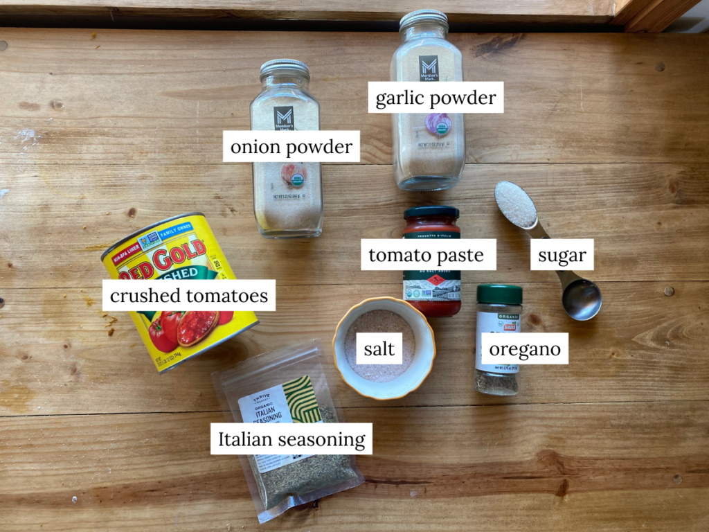 a labeled ingredient picture of ingredients needed to make homemade pizza sauce