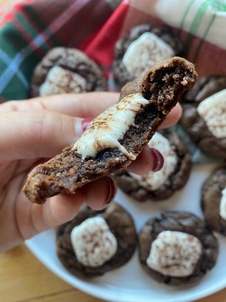Soft and chewy hot chocolate cookies topped with toasted marshmallows on a white plate — a cozy winter dessert perfect for holiday baking.