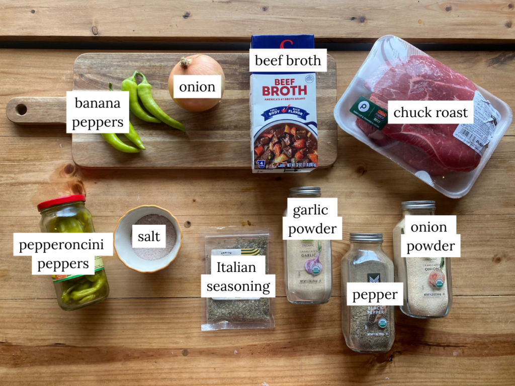 a labeled ingredient list of ingredients needed to make Italian shredded beef