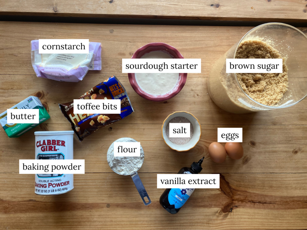 a labeled ingredient photo of ingredients needed to make sourdough blondies