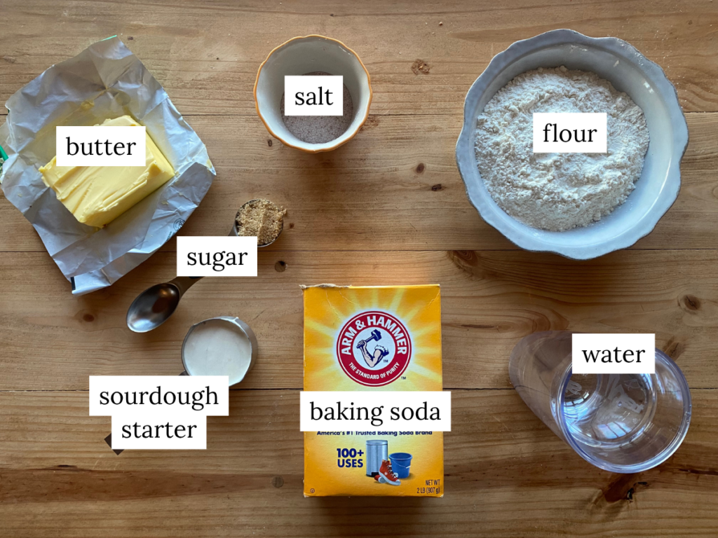 a labeled ingredient photo of ingredients needed to make sourdough soft pretzels