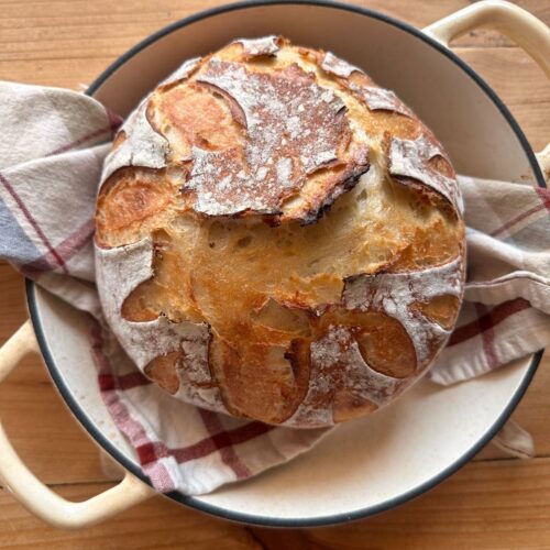 a loaf of baked sourdough bread in a large white Dutch oven. A striped towel lies underneath the loaf
