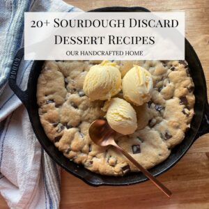 a baked sourdough chocolate chip skillet cookie in cast iron skillet topped with three scoops of vanilla ice cream. Text overlay reads "20+ Sourdough Discard Dessert Recipes"