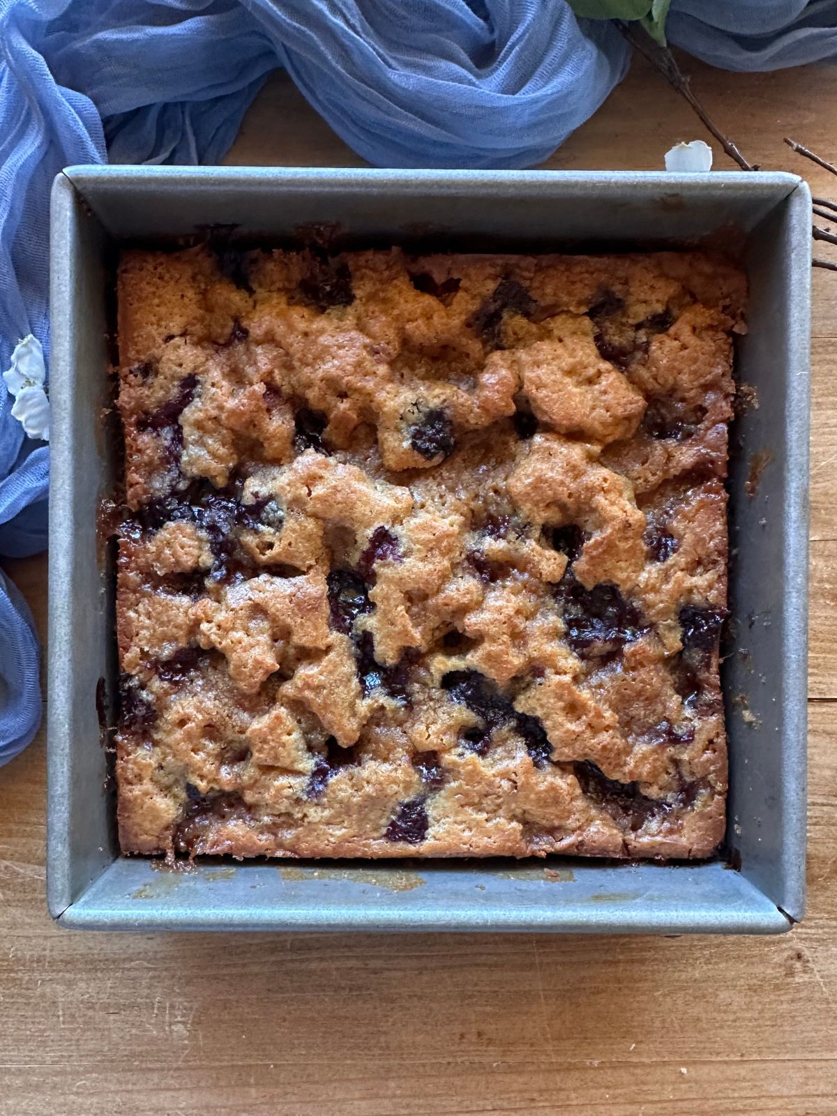 sourdough blueberry coffee cake laying on a wooden countertop. A blue cloth lays in the background, and blueberries are scattered around the edges of the cake