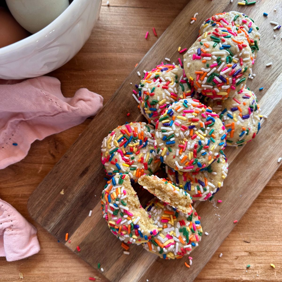 sourdough funfetti sugar cookies rolled in rainbow sprinkles