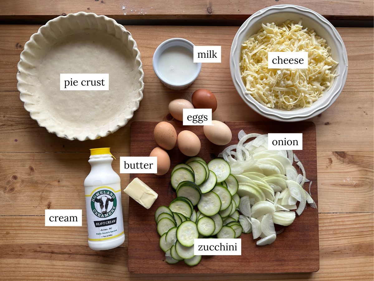 a labeled ingredient photo of ingredients needed to make zucchini onion quiche