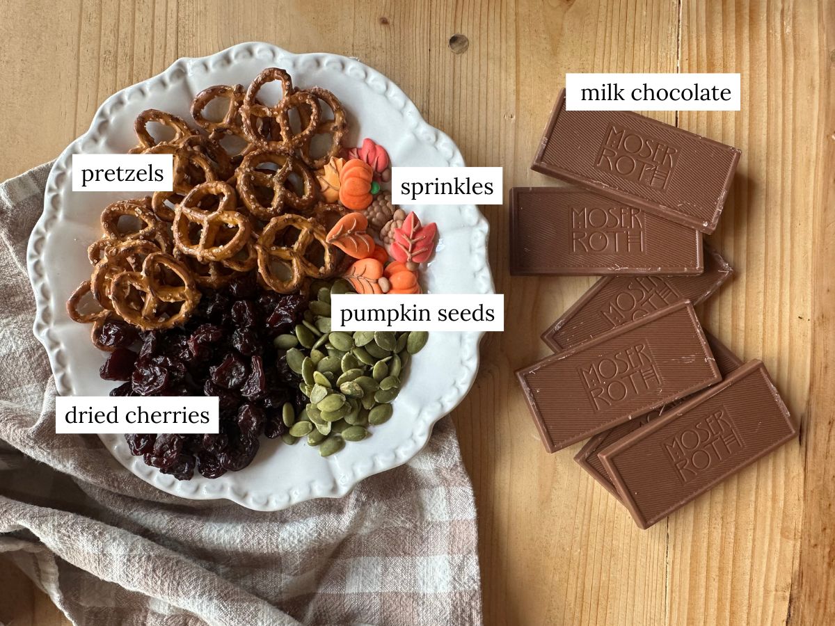 a labeled ingredient photo of ingredients needed to make chocolate bark
