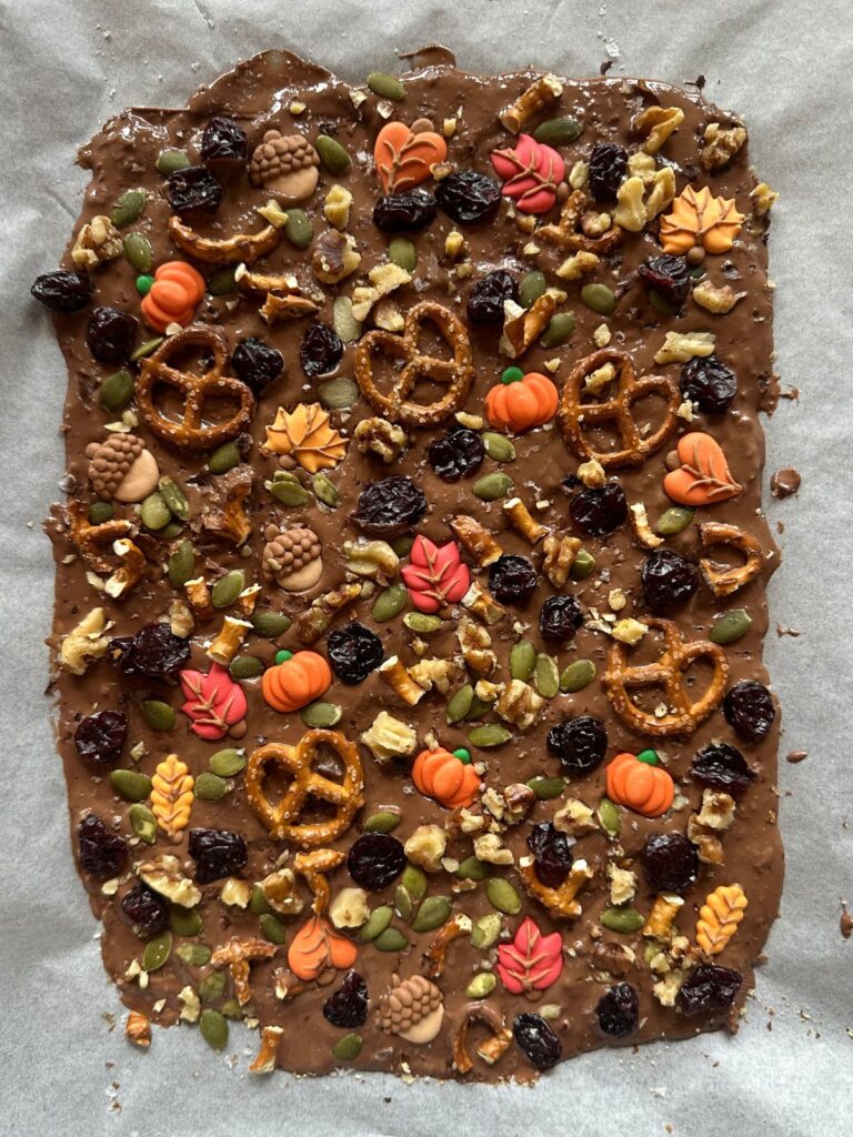 melted chocolate topped with pretzels, dried fruit, colorful fall sprinkles, and walnuts