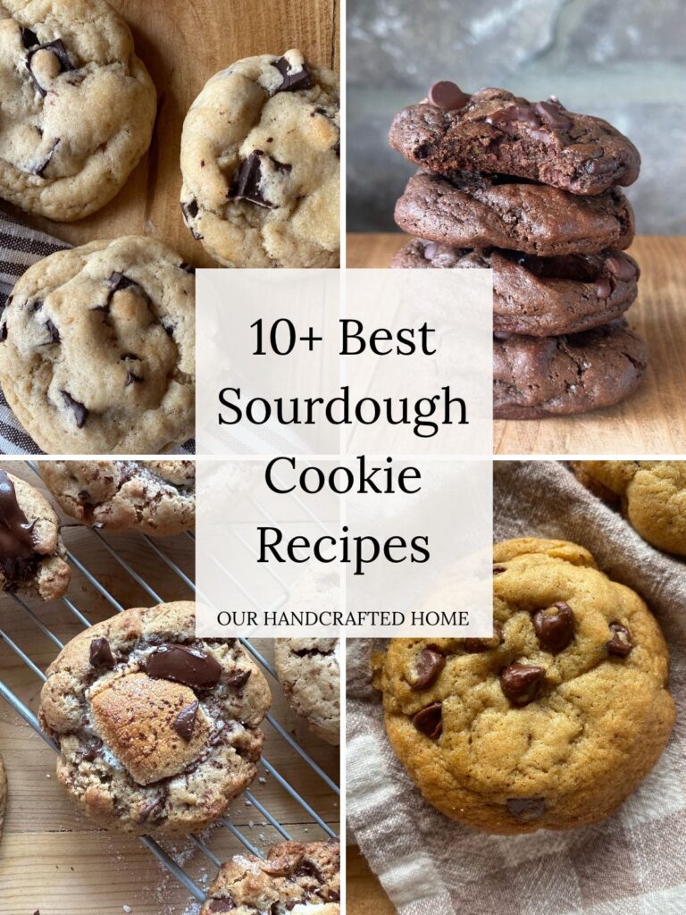 a collage of images featuring cookies. Text overlay reads "10+ Best Sourdough Cookie Recipes"