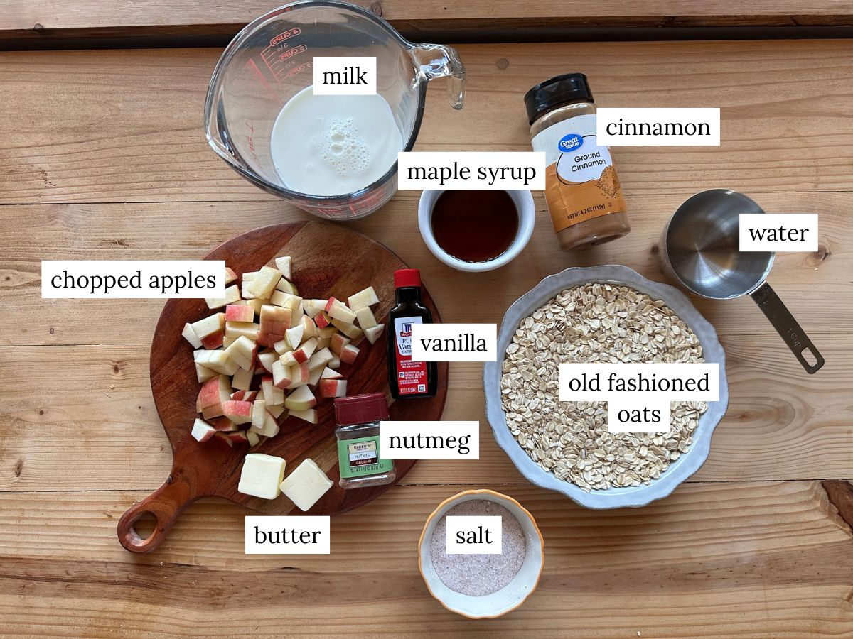 a labeled ingredient photo of ingredients needed to make apple pie oatmeal